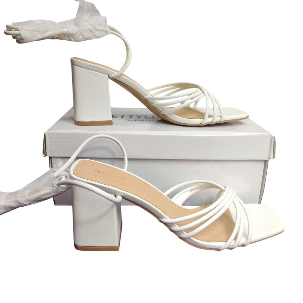 PrettyLittleThing 7 US 38 EU White Strappy Block Heel Sandals Minimalist Chic